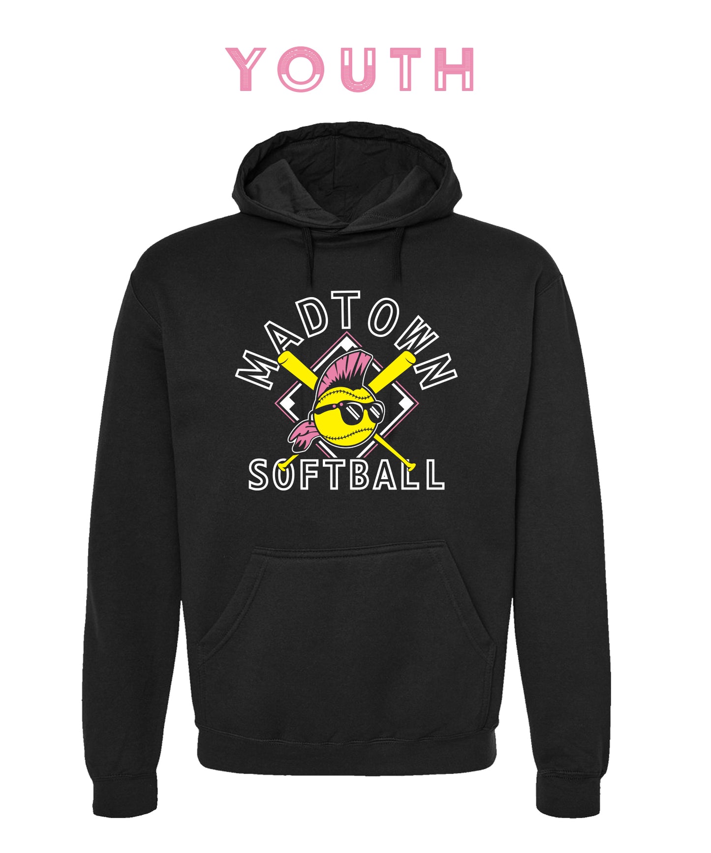 YOUTH PINK_Madtown Softball Crossed Bat Black Hoodie